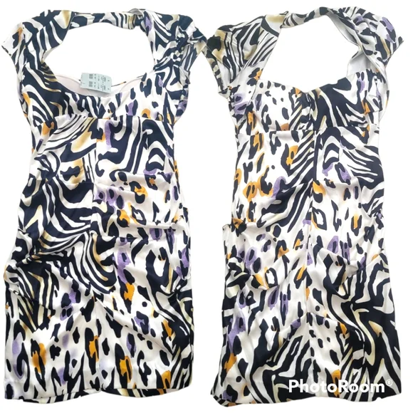 Cache Animal Leopard Zebra print ruched Silk Bodycon Cap sleeve Mini dress In 12 - Picture 3 of 13